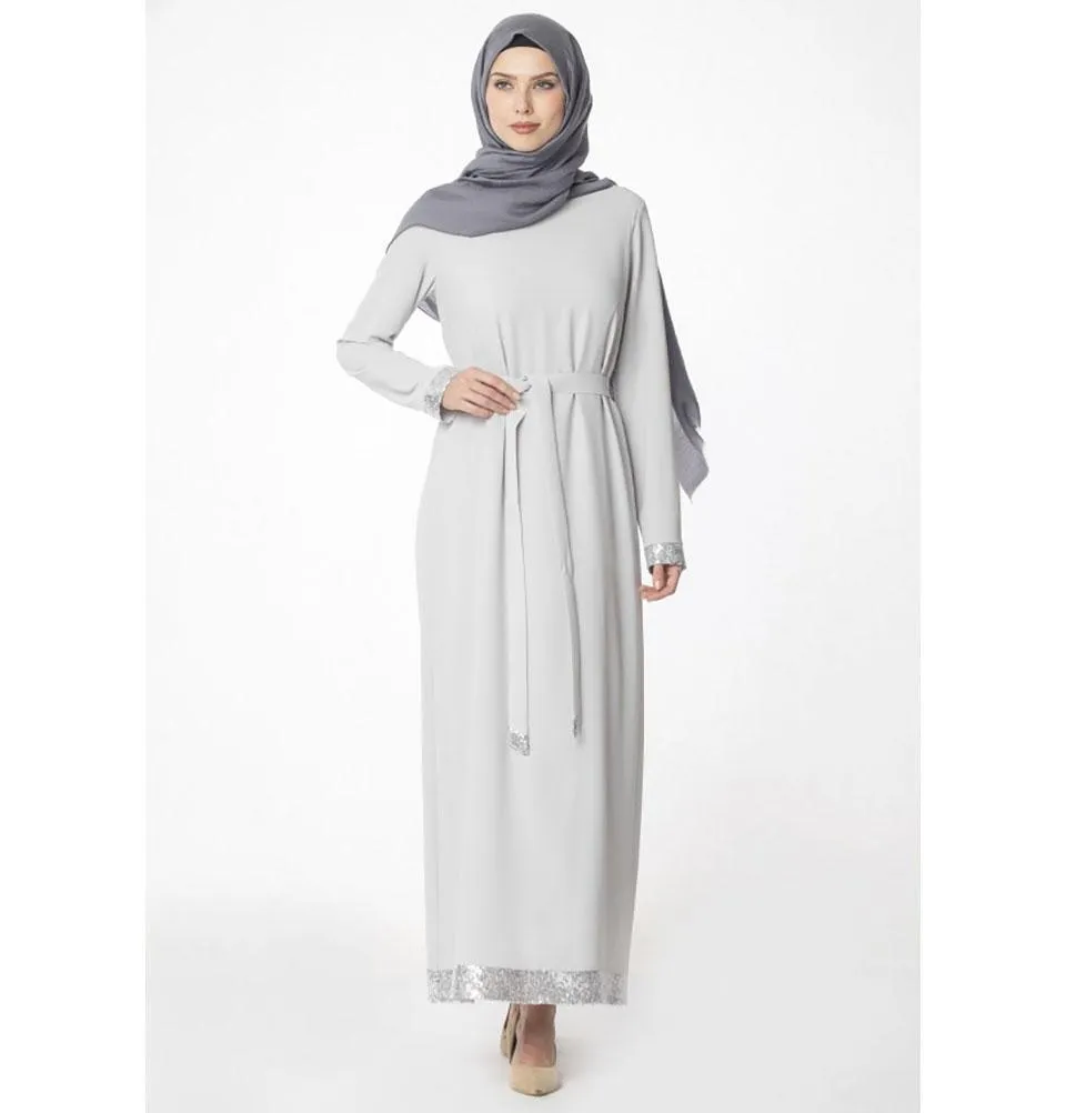 Abaci Modest Embellished Dress 13559 Blue Gray