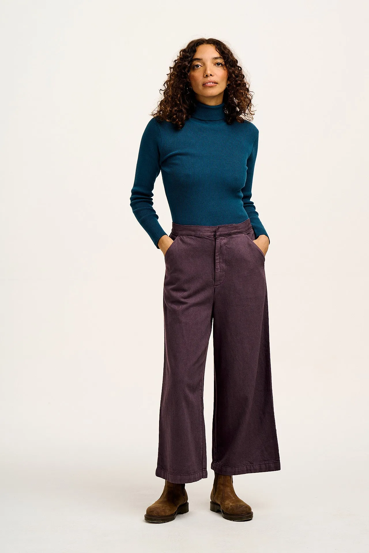 Aiden - Roll Neck Knitted Cotton Top in Twilight Blue