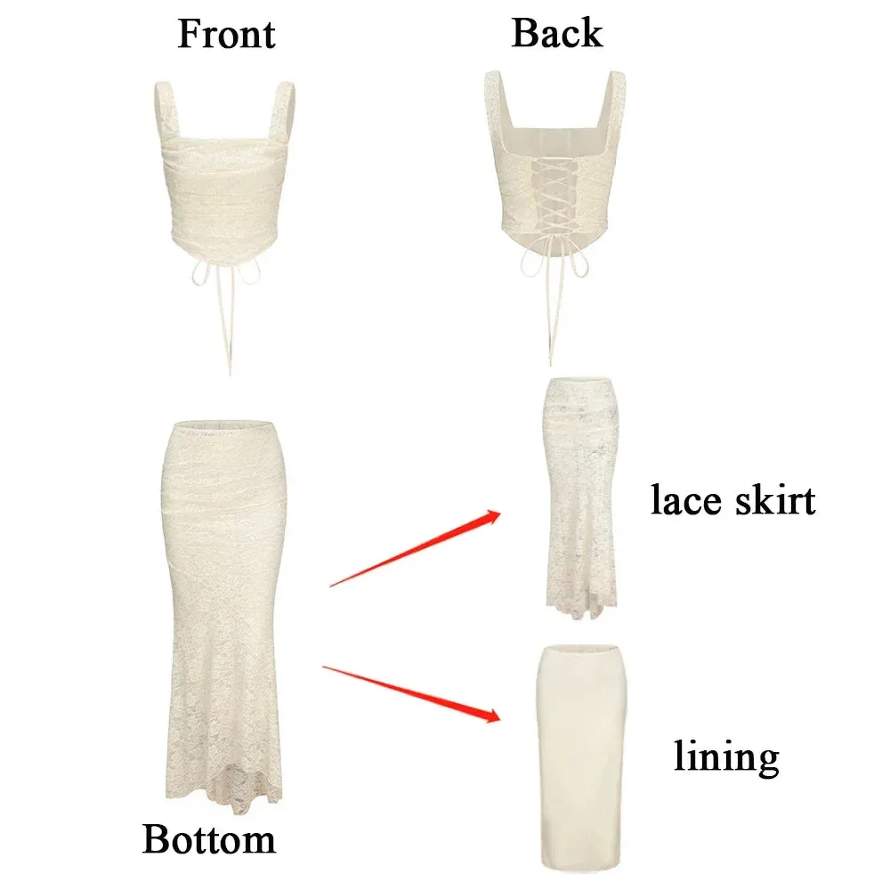 Amozae Elegant Women 2 Piece Dress Set 2024 Maxi Wedding Guest Dress Lace Up Crop Top and Maxi Skirt Set Formal Event Dress