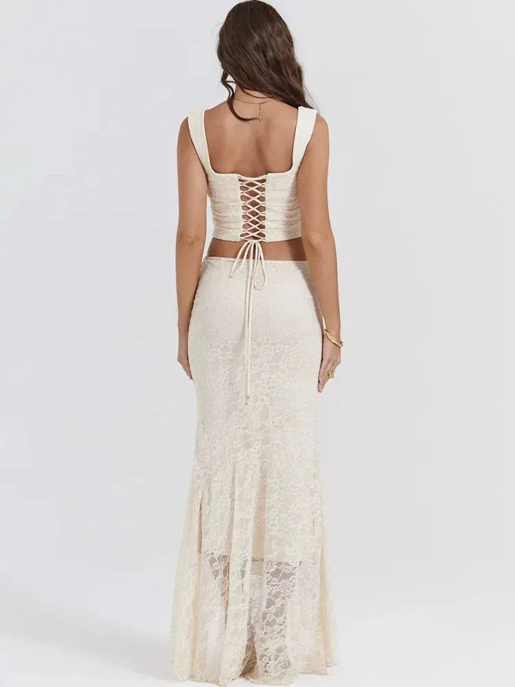 Amozae Elegant Women 2 Piece Dress Set 2024 Maxi Wedding Guest Dress Lace Up Crop Top and Maxi Skirt Set Formal Event Dress