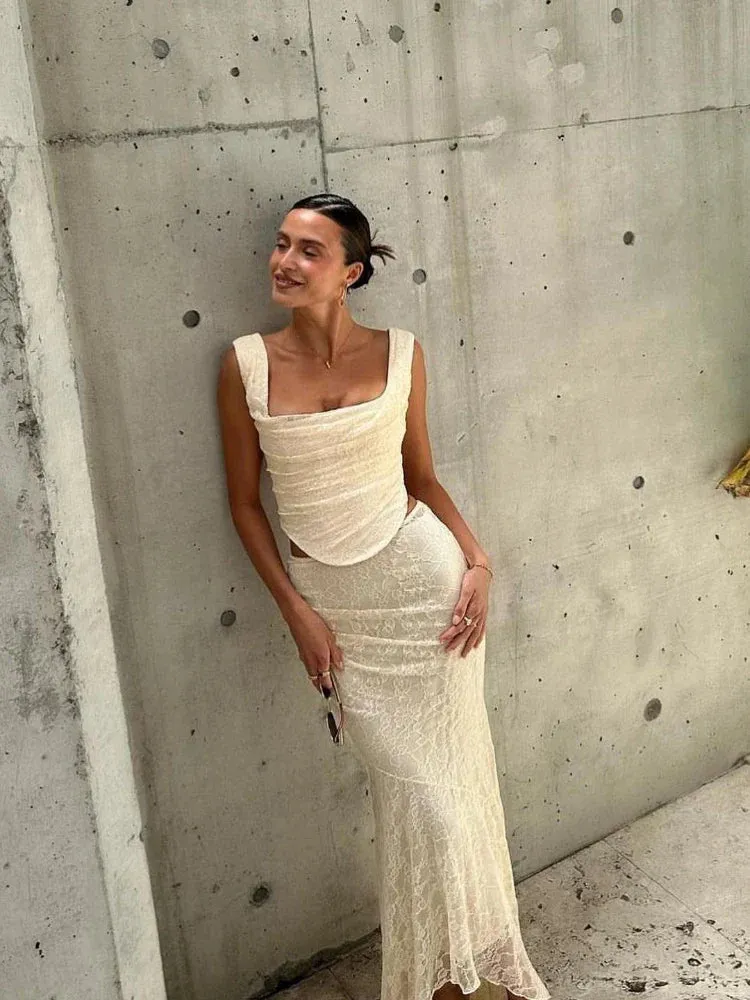 Amozae Elegant Women 2 Piece Dress Set 2024 Maxi Wedding Guest Dress Lace Up Crop Top and Maxi Skirt Set Formal Event Dress