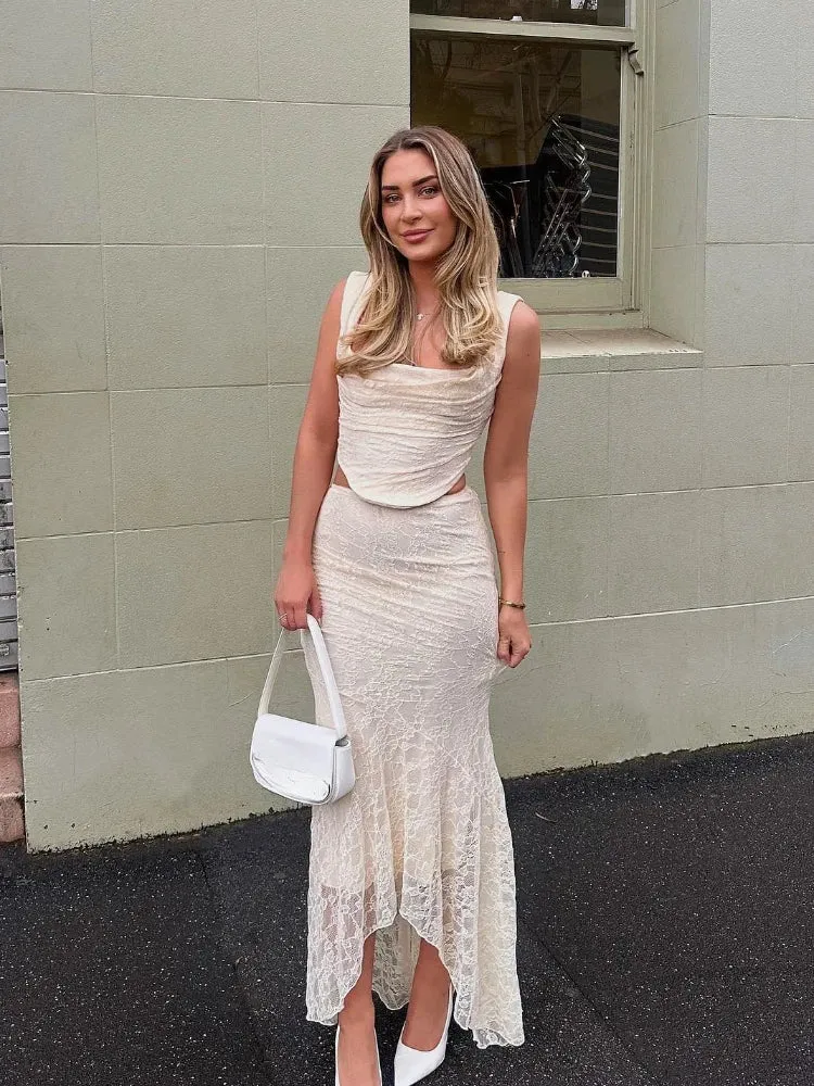 Amozae Elegant Women 2 Piece Dress Set 2024 Maxi Wedding Guest Dress Lace Up Crop Top and Maxi Skirt Set Formal Event Dress