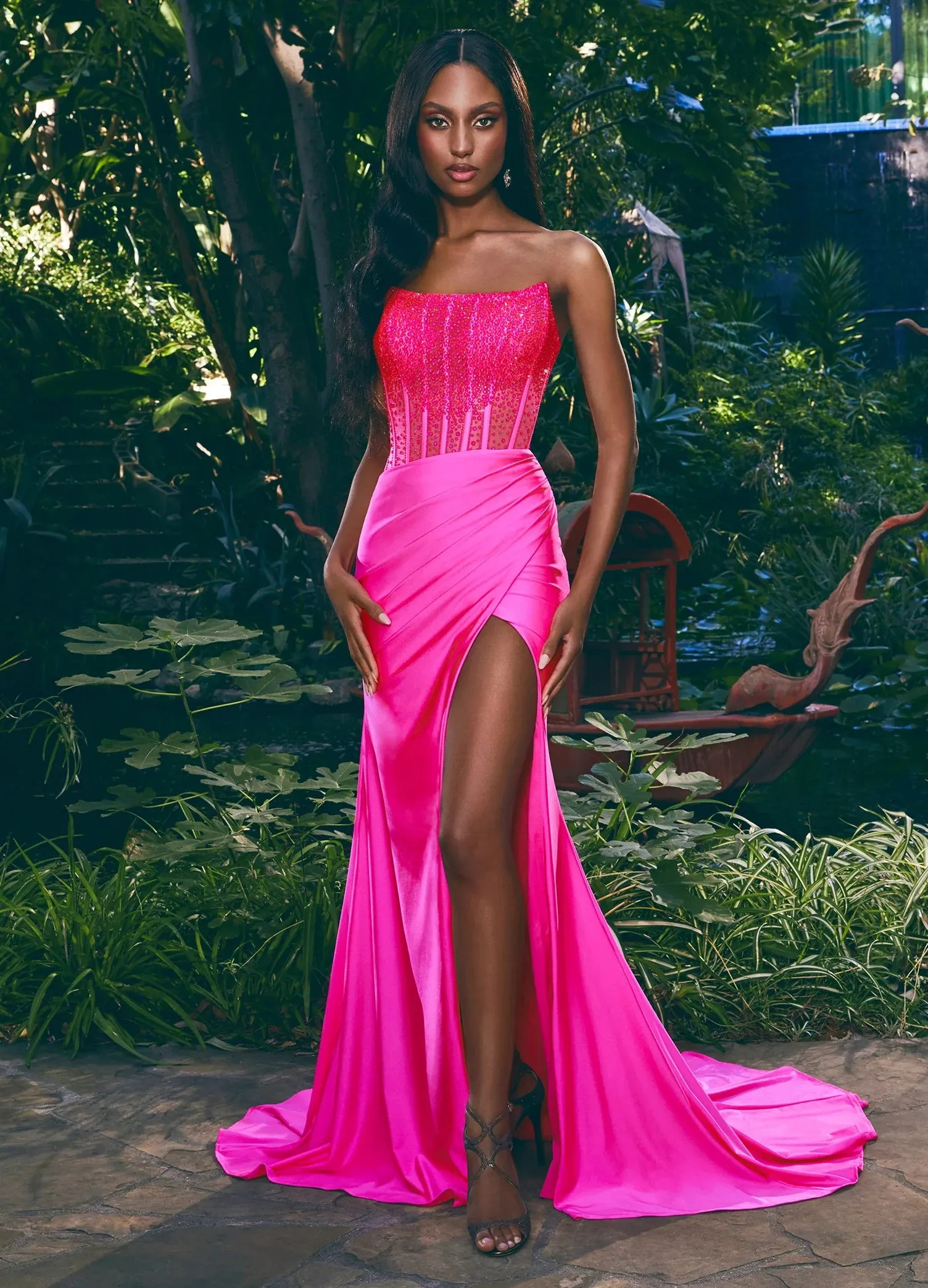 Ashley Lauren 11690 Crystal Corset Prom Dress Fitted Jersey Slit Formal Gown
