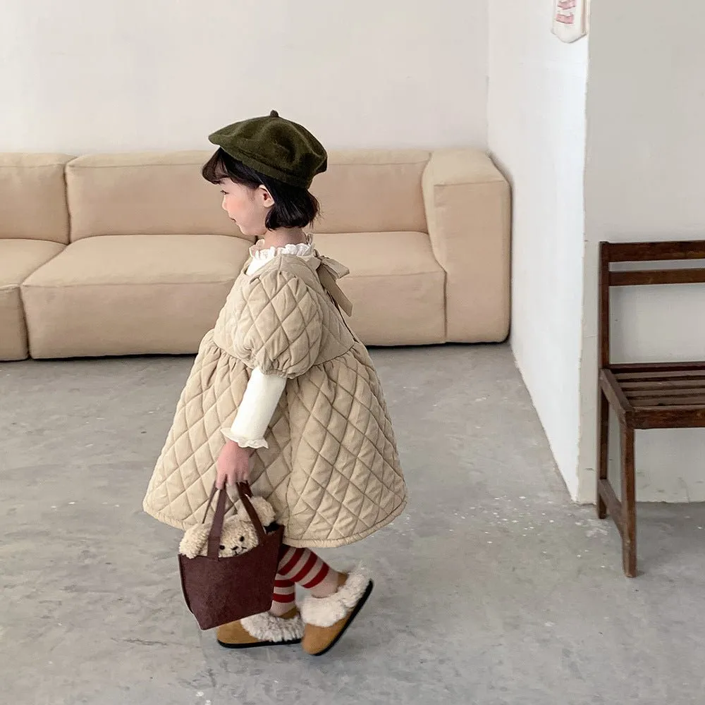 Autumn and winter baby girls thickened with cotton plaid pongee skirt solid color dress
