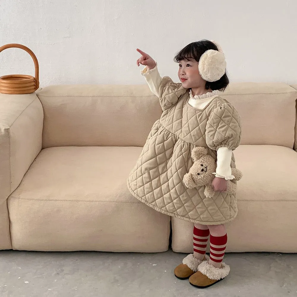Autumn and winter baby girls thickened with cotton plaid pongee skirt solid color dress