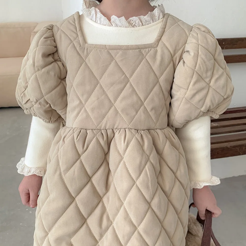 Autumn and winter baby girls thickened with cotton plaid pongee skirt solid color dress