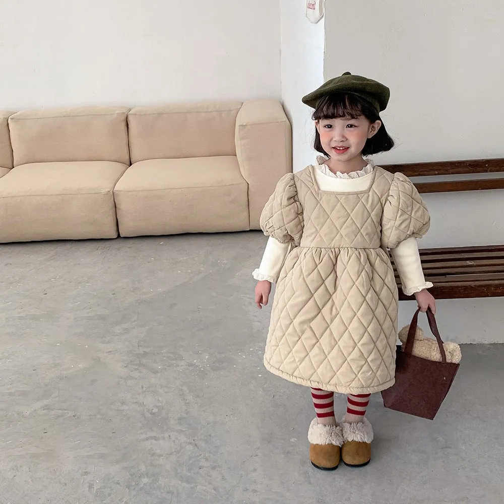 Autumn and winter baby girls thickened with cotton plaid pongee skirt solid color dress