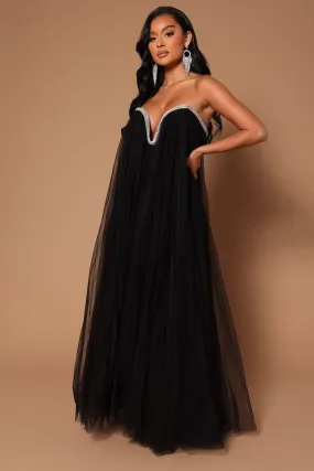 Belle Crystal Trim Tulle Maxi Dress - Black