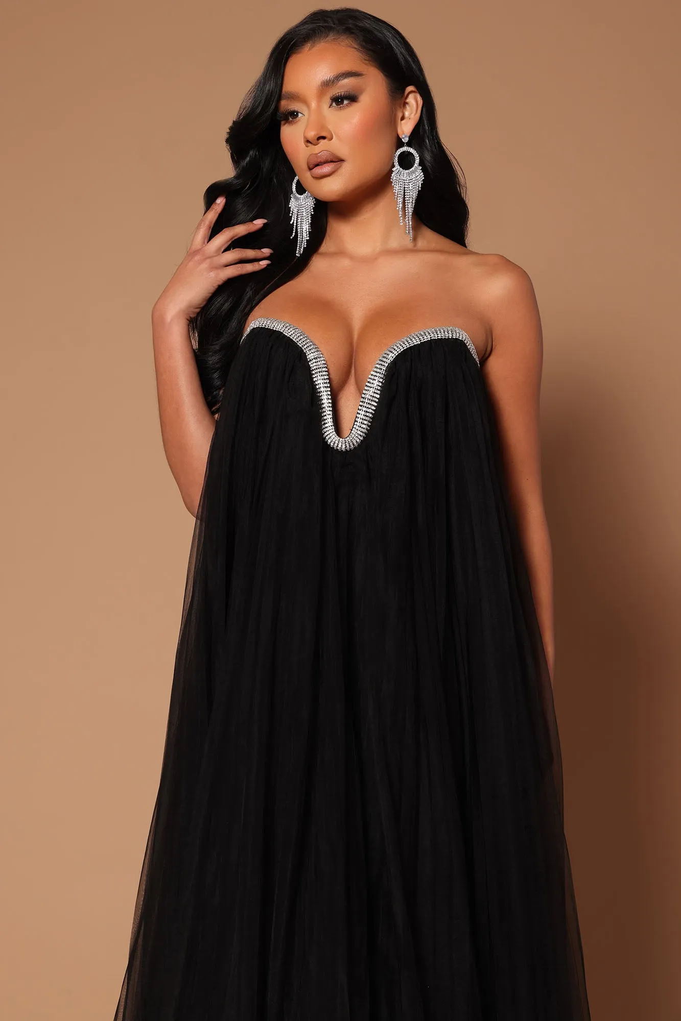 Belle Crystal Trim Tulle Maxi Dress - Black