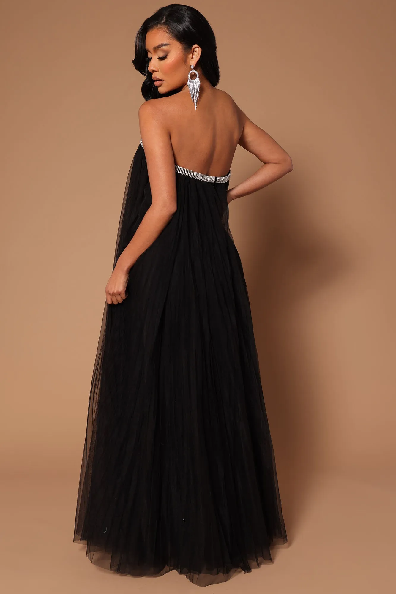 Belle Crystal Trim Tulle Maxi Dress - Black