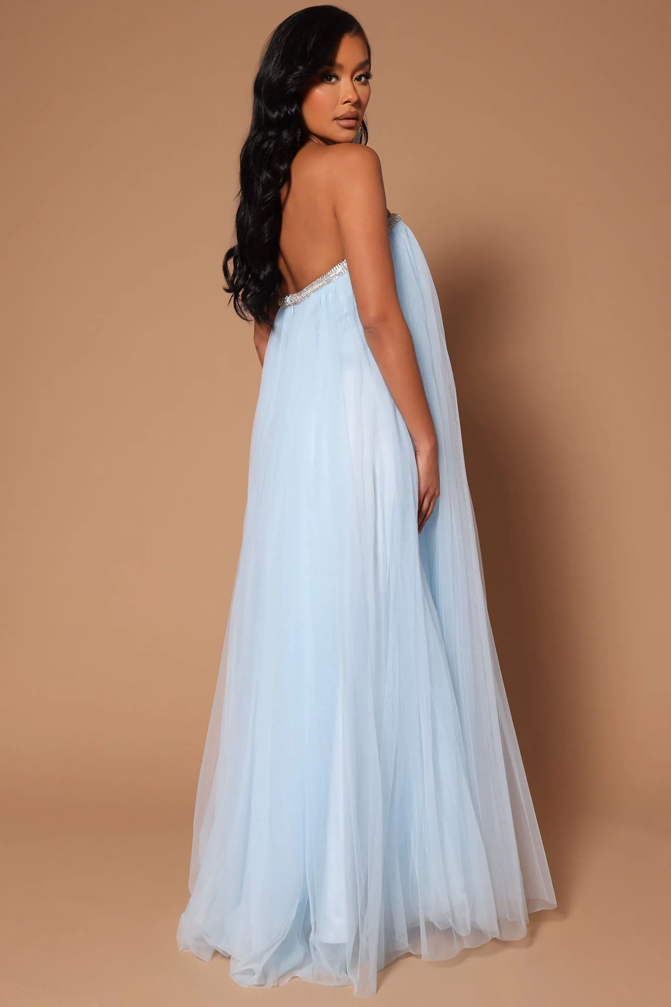 Belle Crystal Trim Tulle Maxi Dress - Light Blue