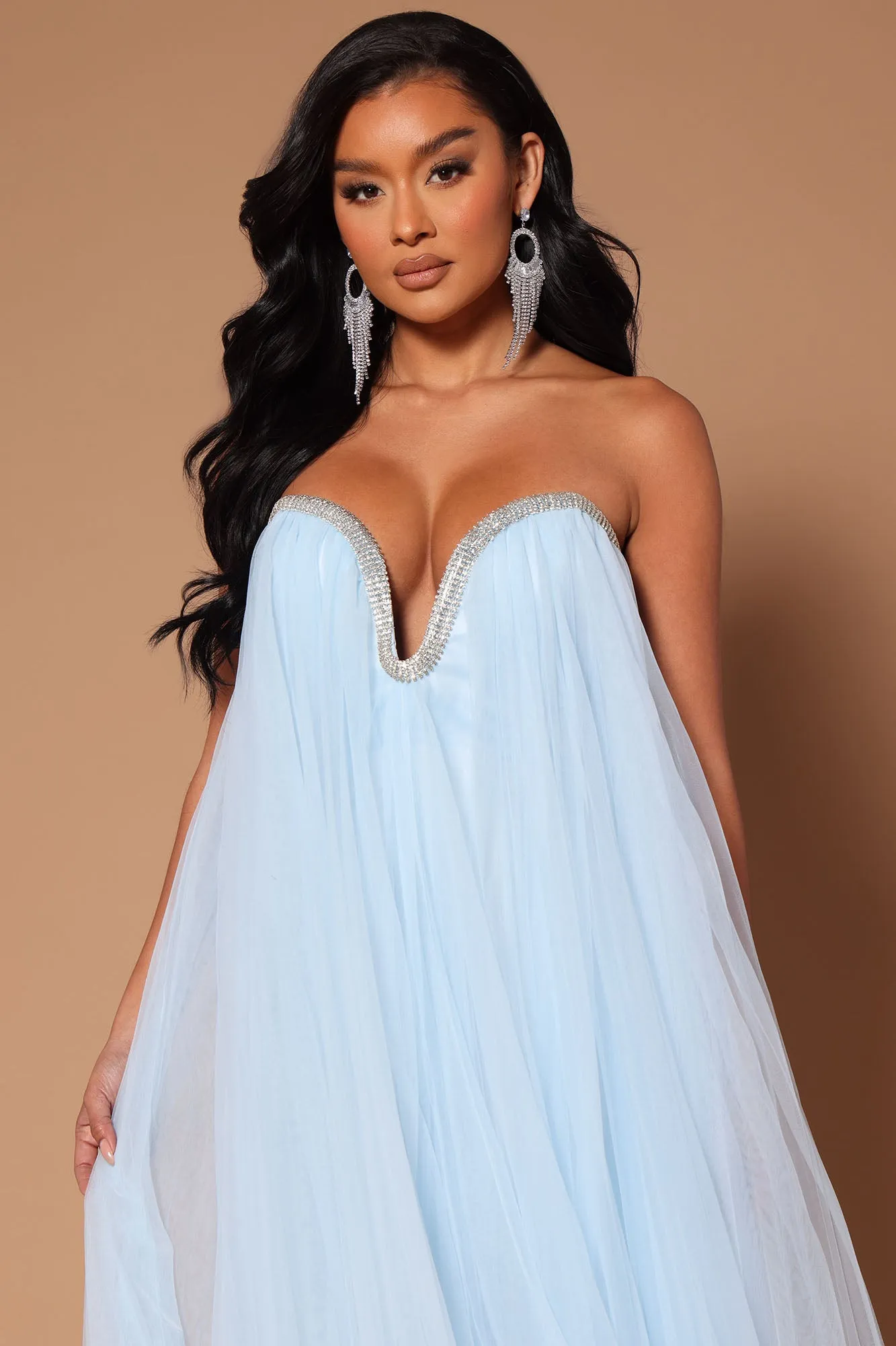 Belle Crystal Trim Tulle Maxi Dress - Light Blue