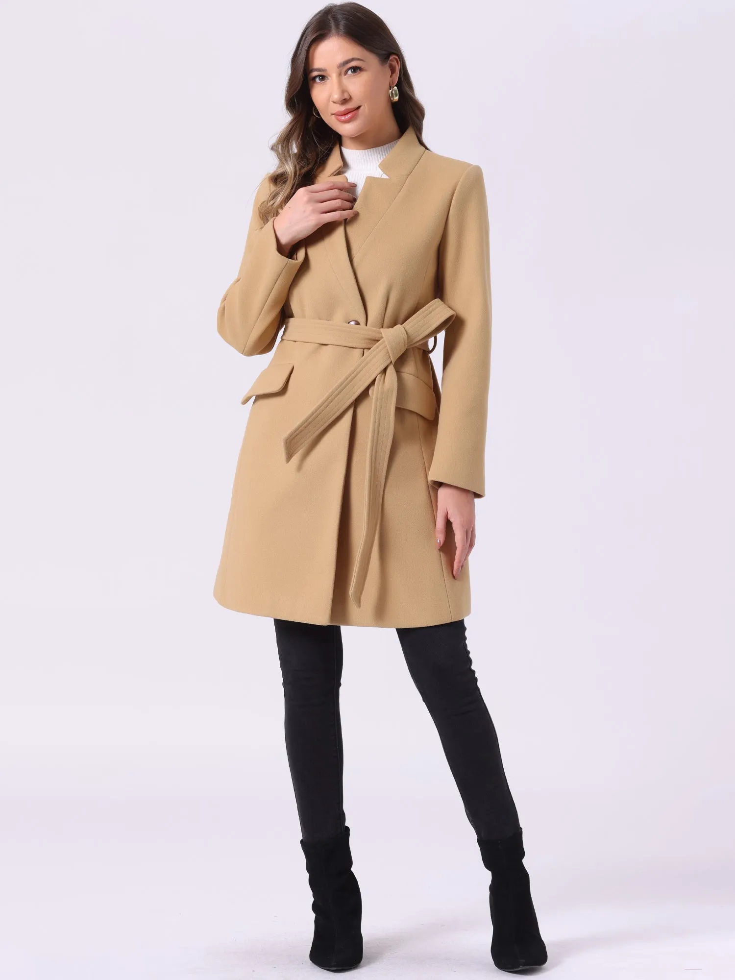 Belted Stand Collar Winter Fully Lined Belted Coats