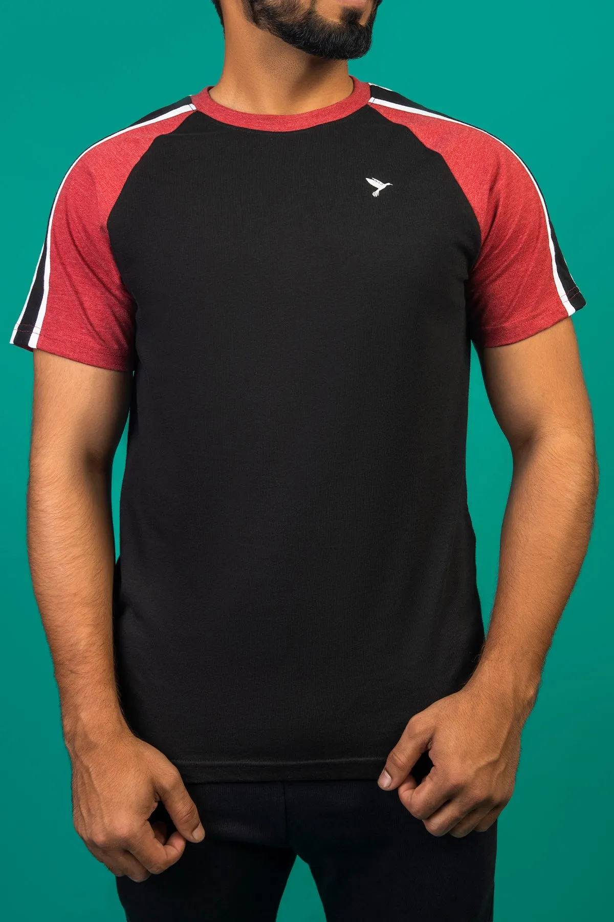Black & Maroon Melange Paneled Raglan T-Shirt - A23 - MT0283R