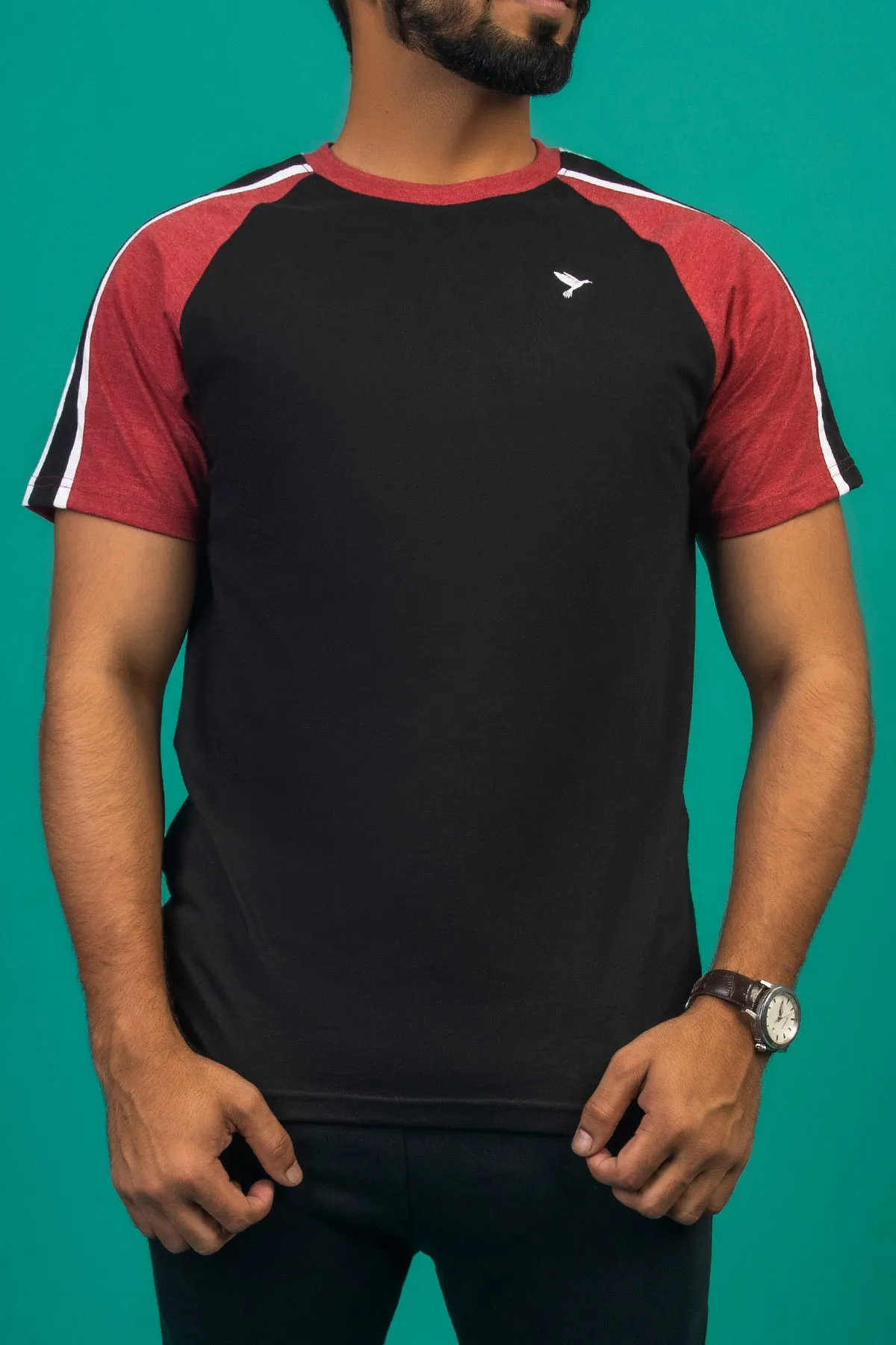 Black & Maroon Melange Paneled Raglan T-Shirt - A23 - MT0283R