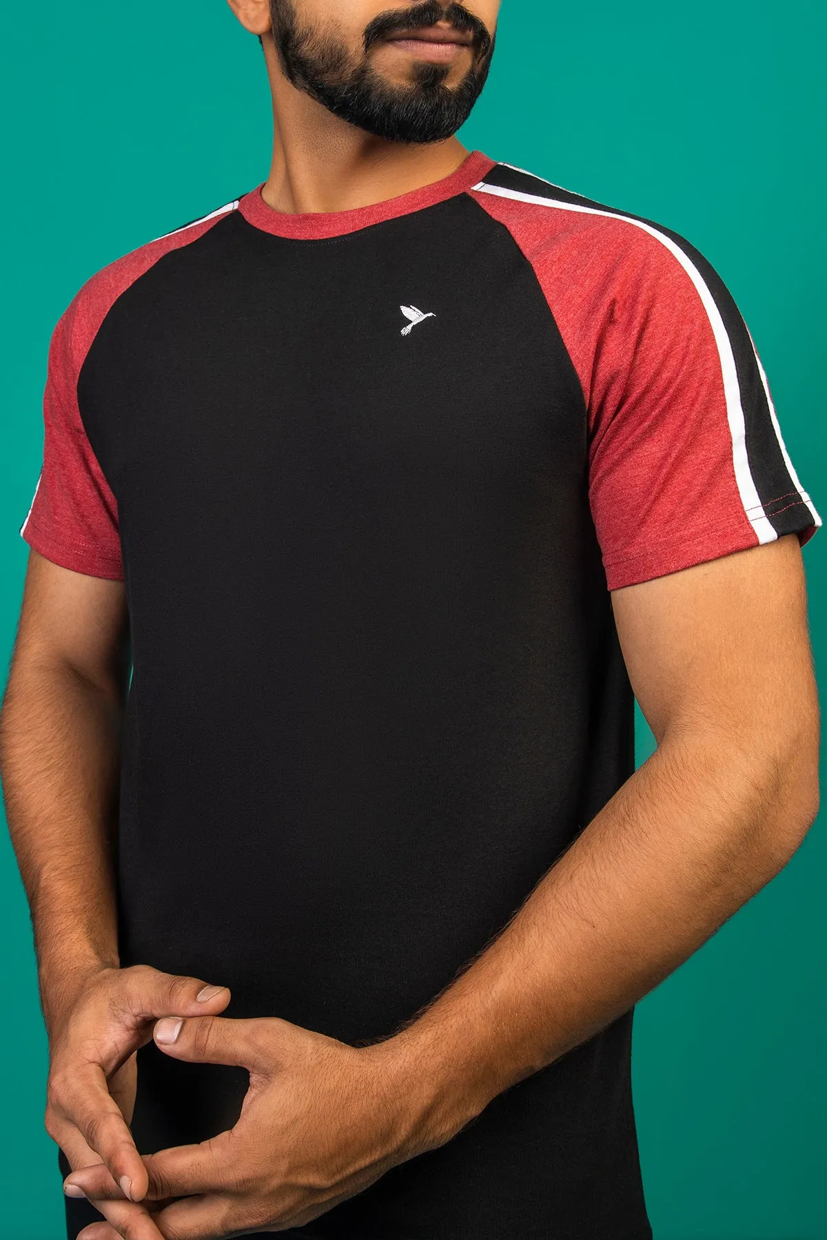 Black & Maroon Melange Paneled Raglan T-Shirt - A23 - MT0283R