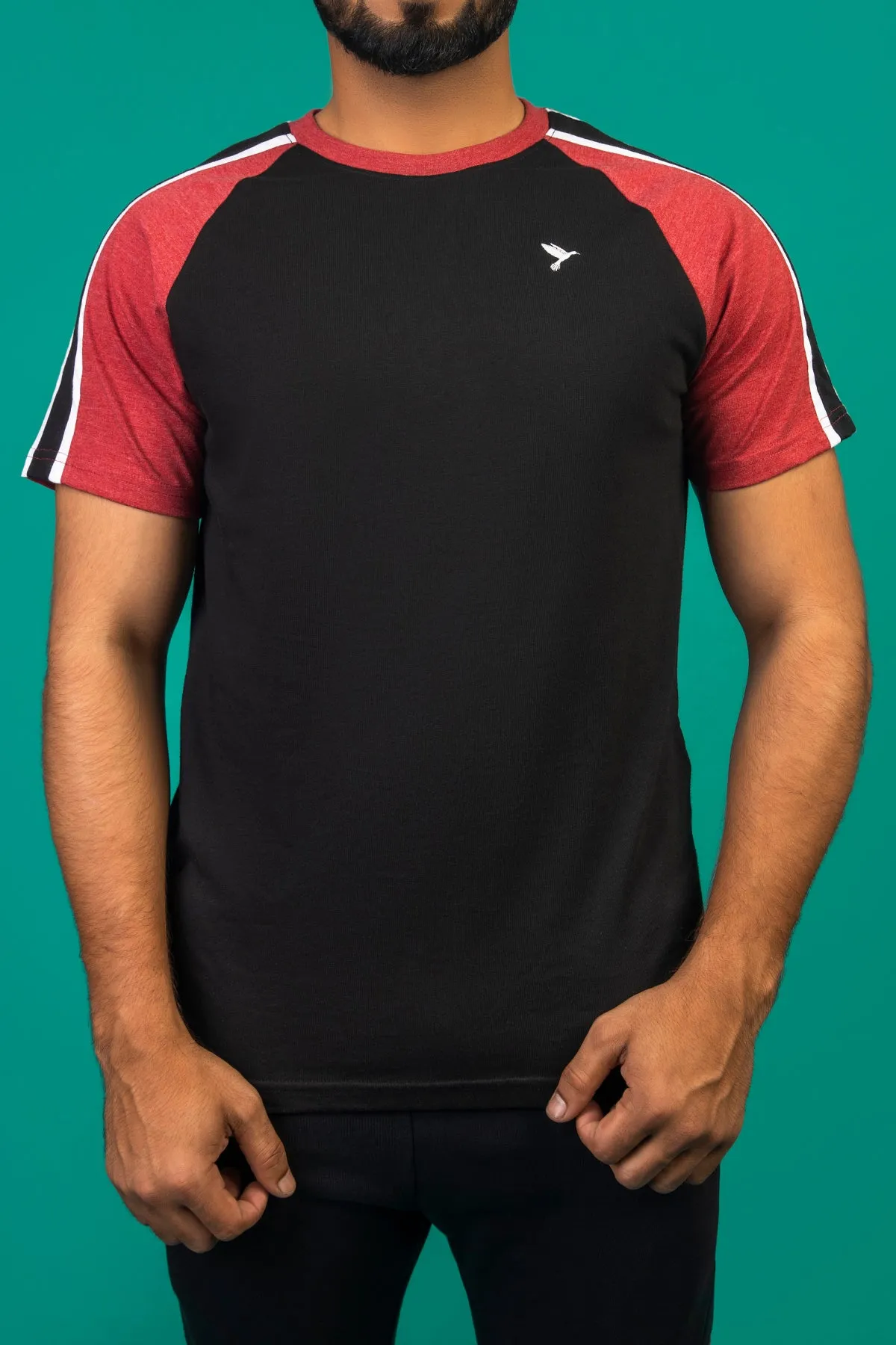 Black & Maroon Melange Paneled Raglan T-Shirt - A23 - MT0283R