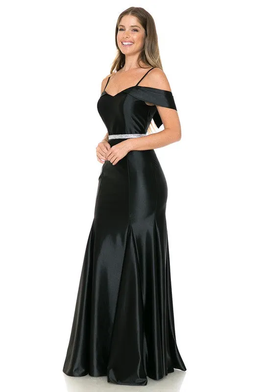 Black Off Shoulder Godet Embellished Casino Formal Dress
