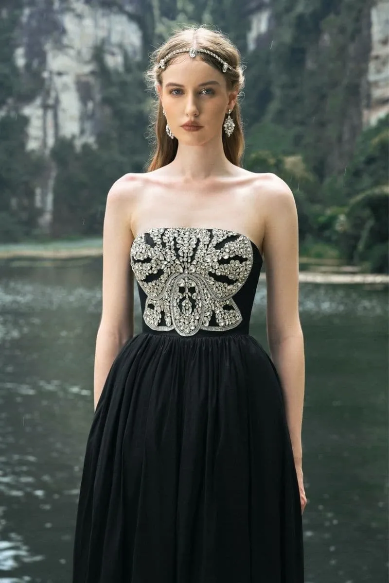 BLACK STRAPLESS STONE EMBELLISHED DRESS