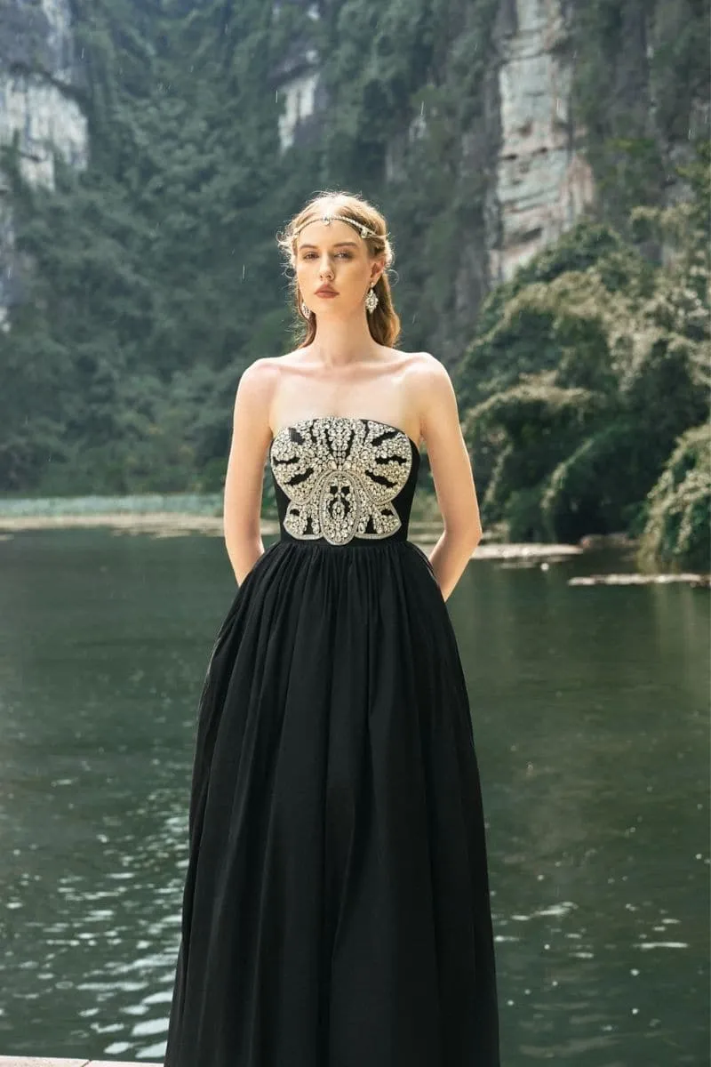 BLACK STRAPLESS STONE EMBELLISHED DRESS