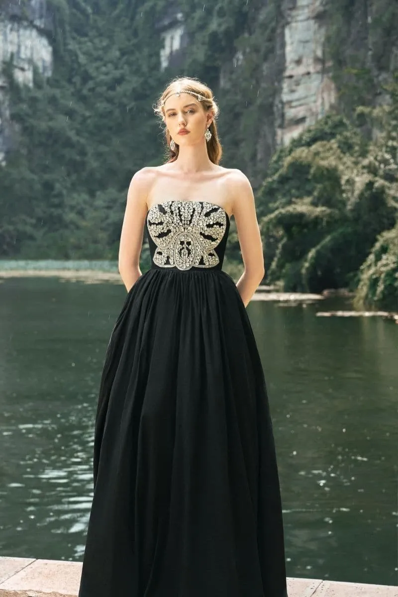 BLACK STRAPLESS STONE EMBELLISHED DRESS