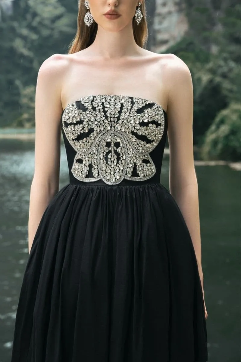 BLACK STRAPLESS STONE EMBELLISHED DRESS