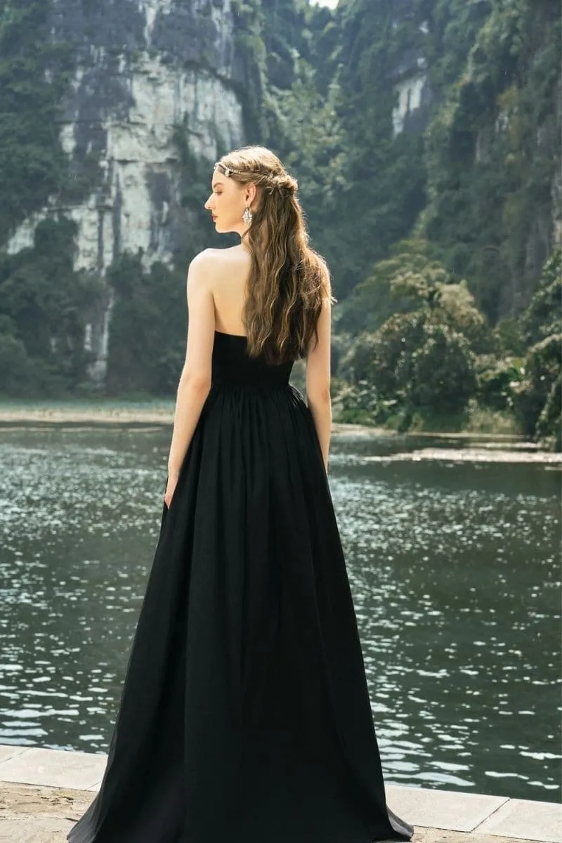 BLACK STRAPLESS STONE EMBELLISHED DRESS