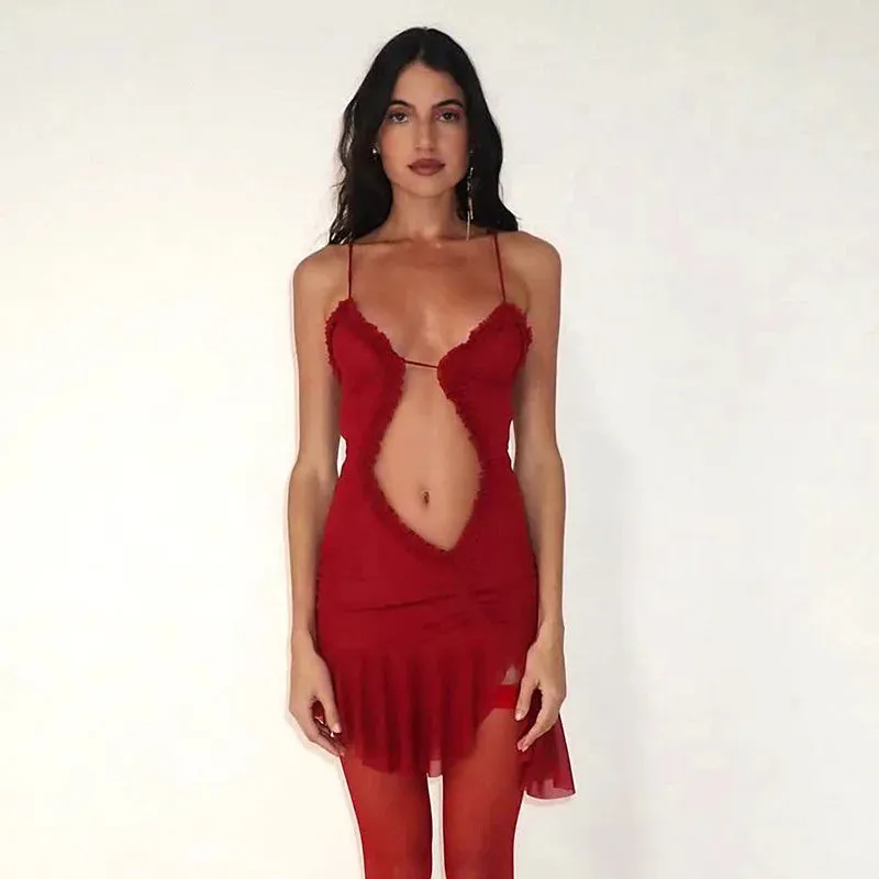 Bonnyshow New Camisole Hollowed Out Pleated Lace Double Layered Dress Club Women's New European and American Style