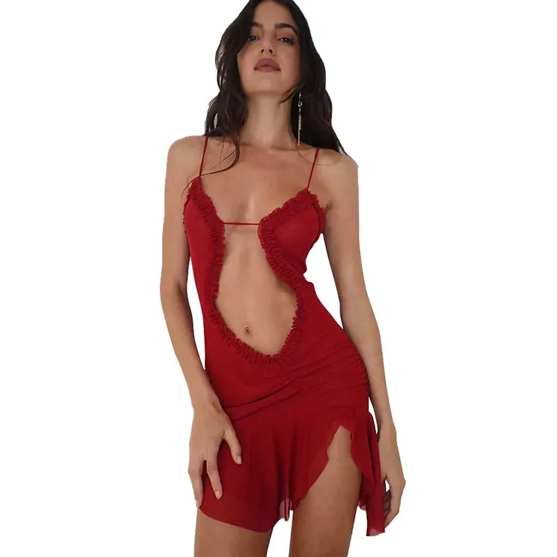 Bonnyshow New Camisole Hollowed Out Pleated Lace Double Layered Dress Club Women's New European and American Style