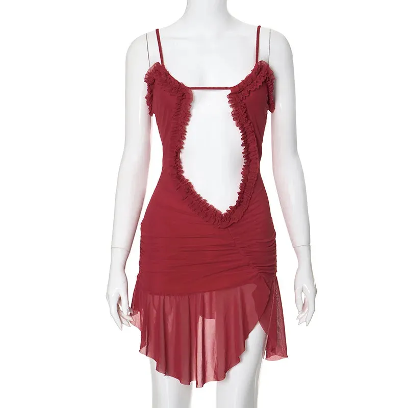 Bonnyshow New Camisole Hollowed Out Pleated Lace Double Layered Dress Club Women's New European and American Style