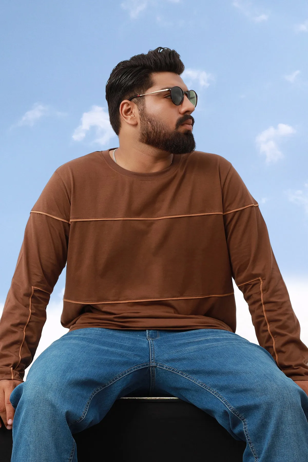 Brown Contrast Piping Panel T-Shirt (Plus Size) - W22 - MT0211P
