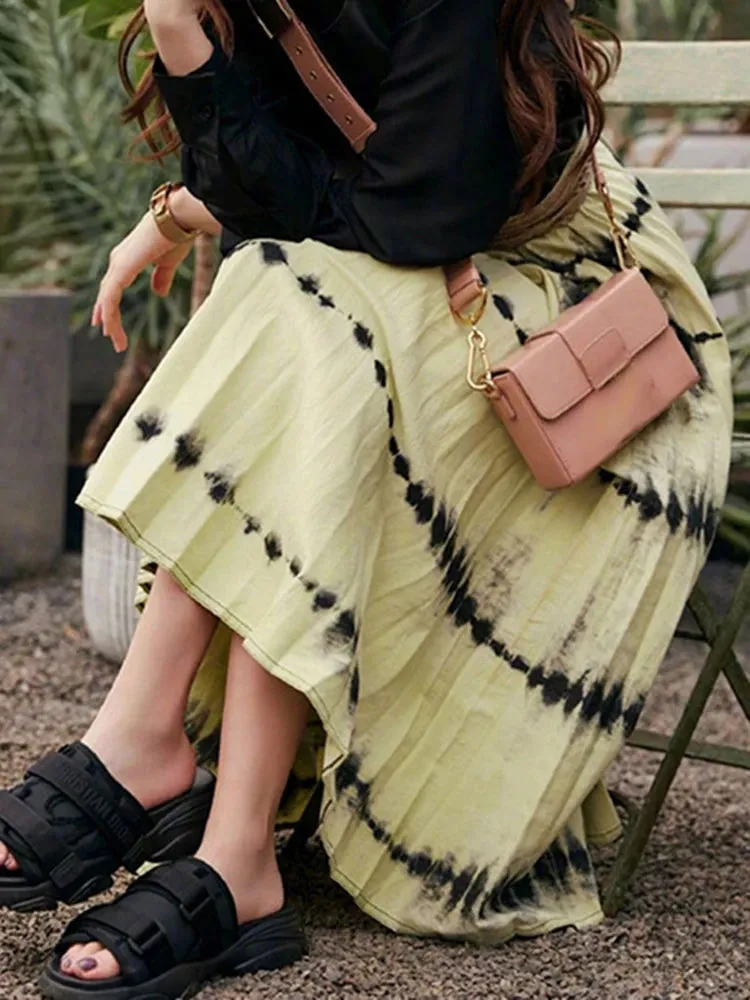 Colorblock A Line Skirt For Women High Waist Patchwork Ruched Loose Long Skirts Female Fashion Casual Summer Clothing