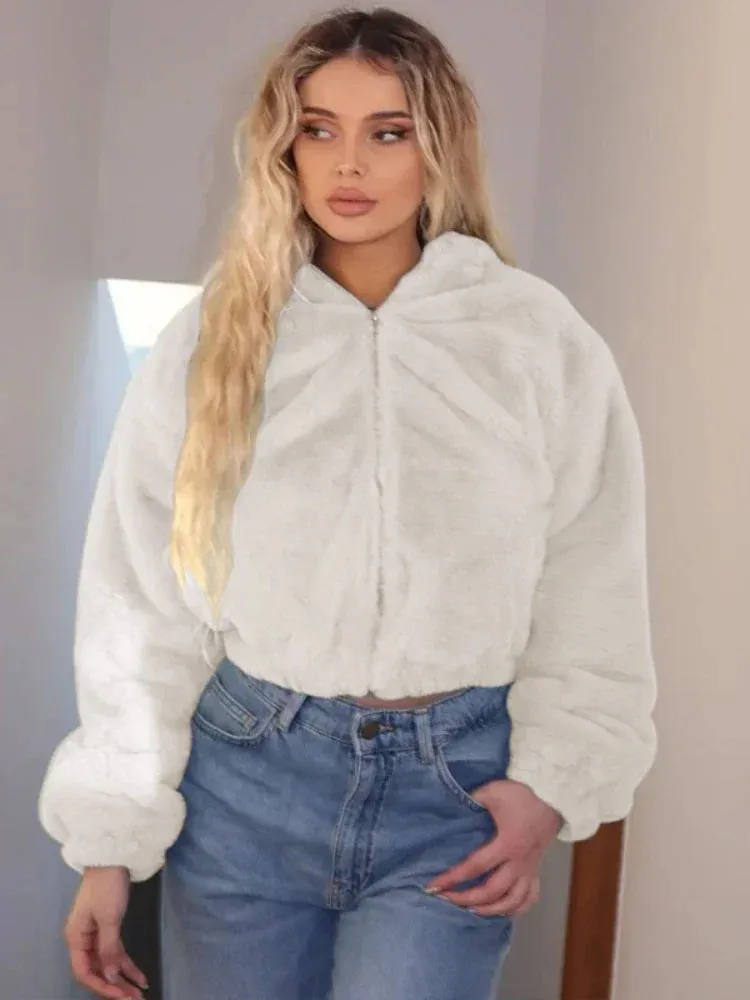 Fluffy Zip Up Crop Hoodies & Sweatshirts Fall Winter Short Jacket Women Clothing Cardigan Plush Outerwear C70-FF54