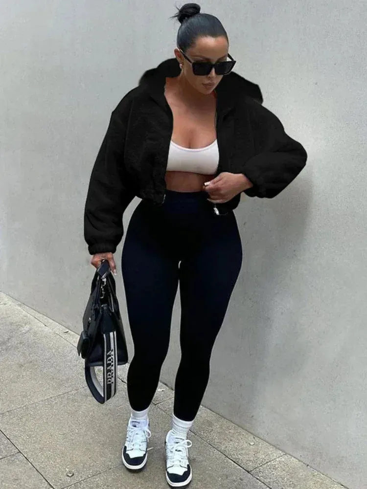 Fluffy Zip Up Crop Hoodies & Sweatshirts Fall Winter Short Jacket Women Clothing Cardigan Plush Outerwear C70-FF54