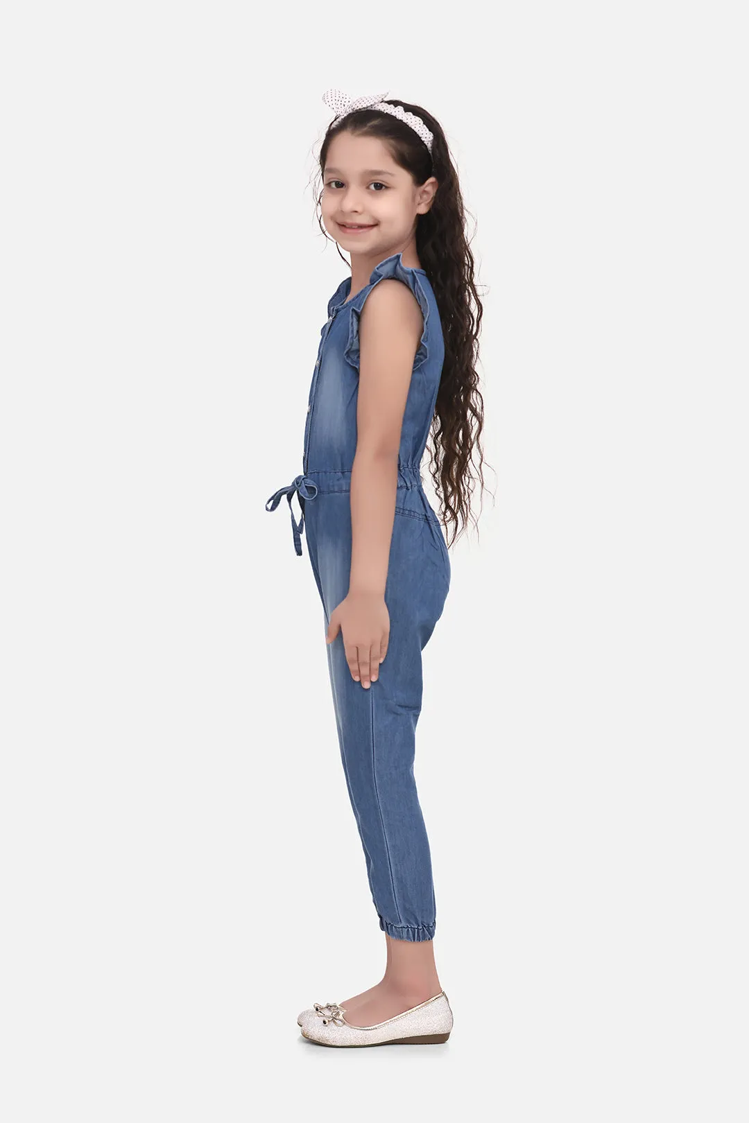 Girl's  Denim Jumpsuit With Attached Belt - StyleStone Kid