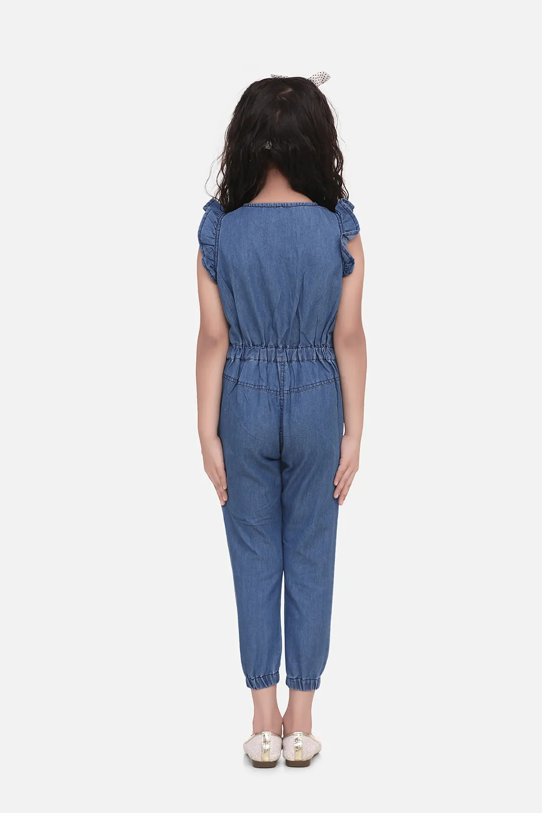 Girl's  Denim Jumpsuit With Attached Belt - StyleStone Kid