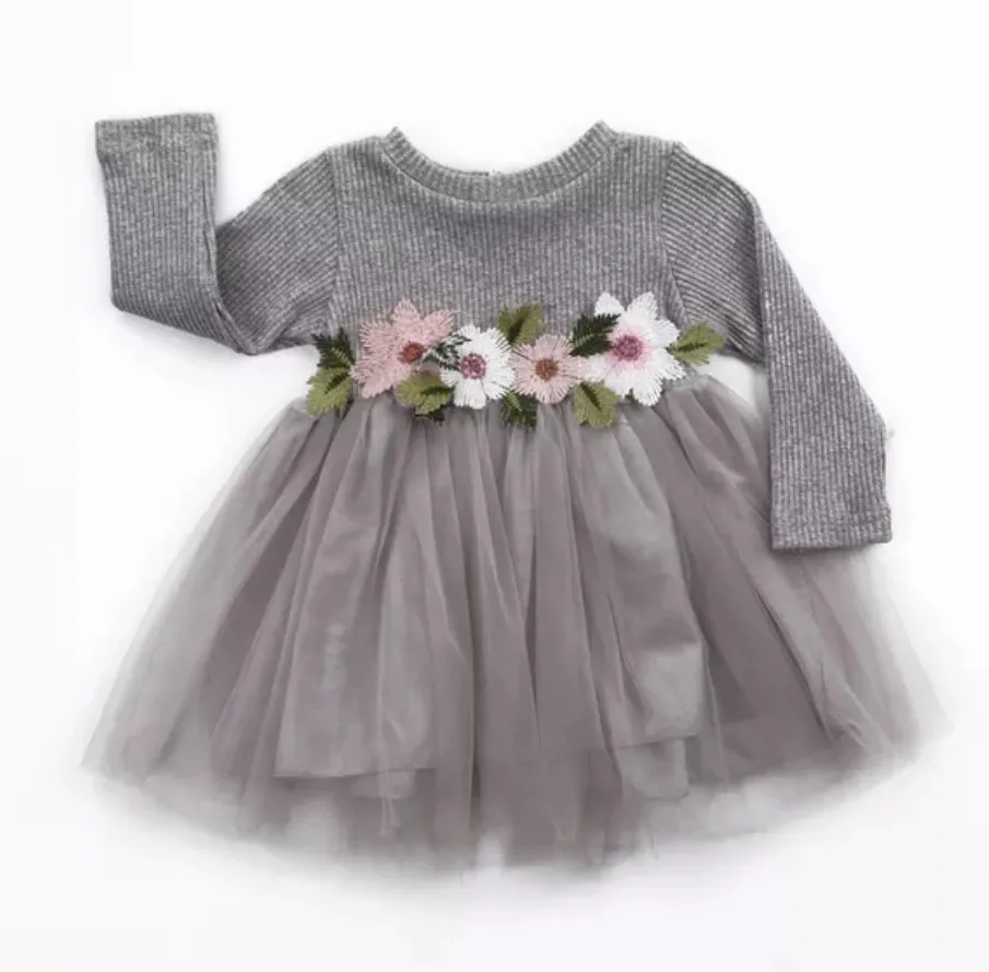 Gray Ribbed Lace Dress with Floral Design #1001016