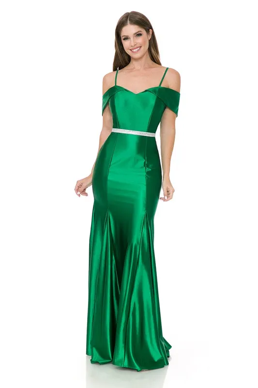 Green Off Shoulder Godet Embellished Casino Formal Dress