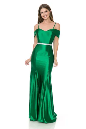Green Off Shoulder Godet Embellished Casino Formal Dress