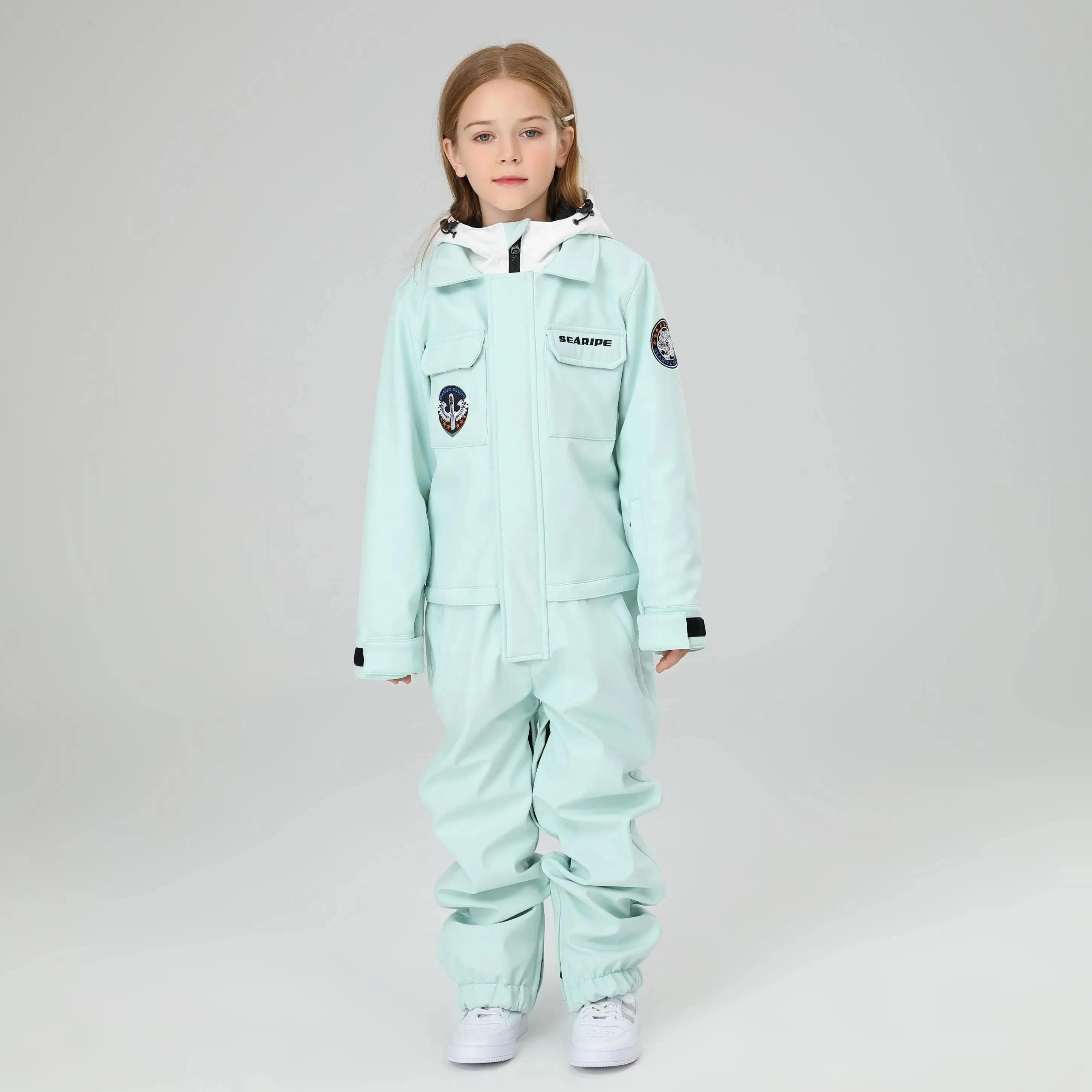 HOTIAN Girls Contrast Hooded Cargo One Piece Ski Jumpsuit With Side Zip