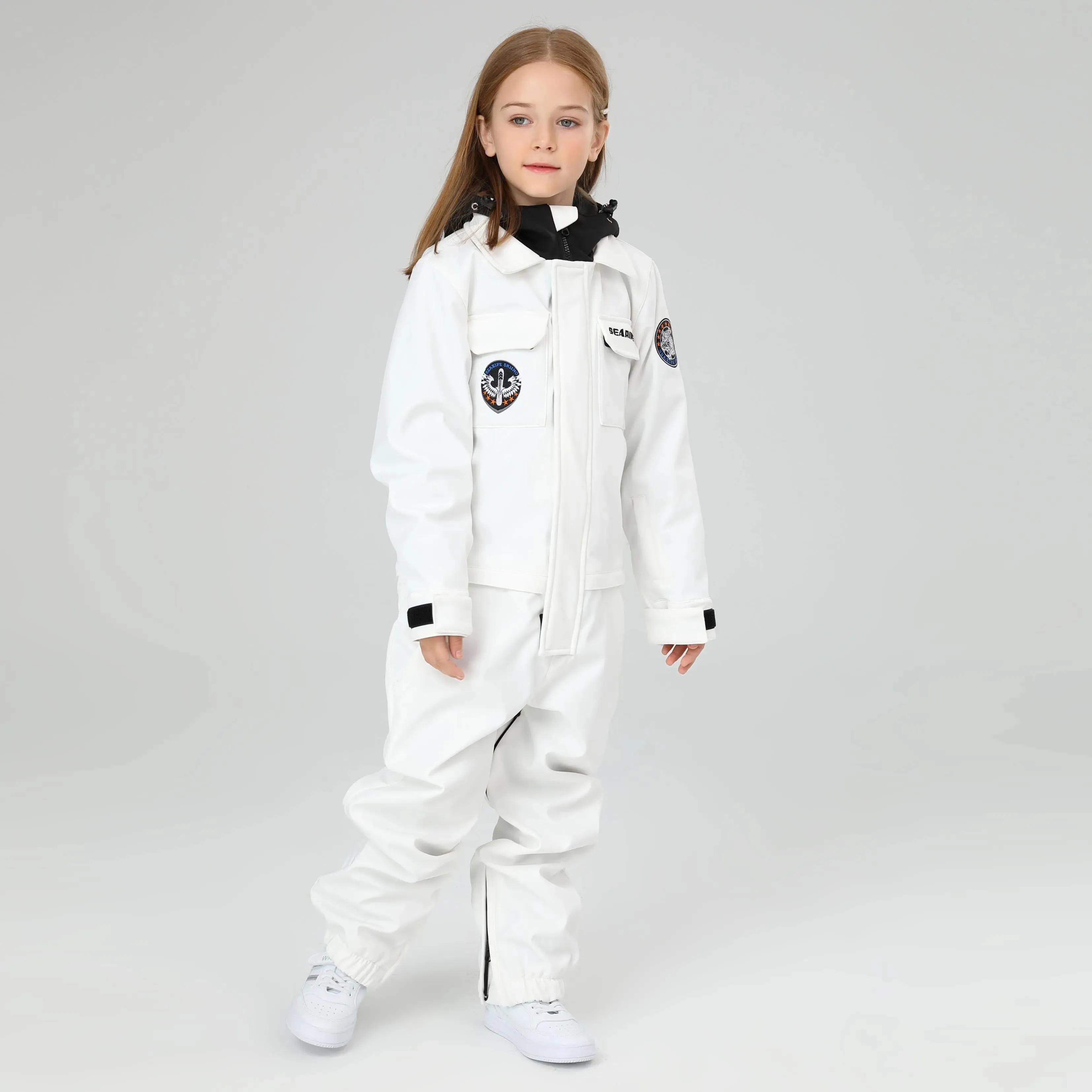HOTIAN Girls Contrast Hooded Cargo One Piece Ski Jumpsuit With Side Zip