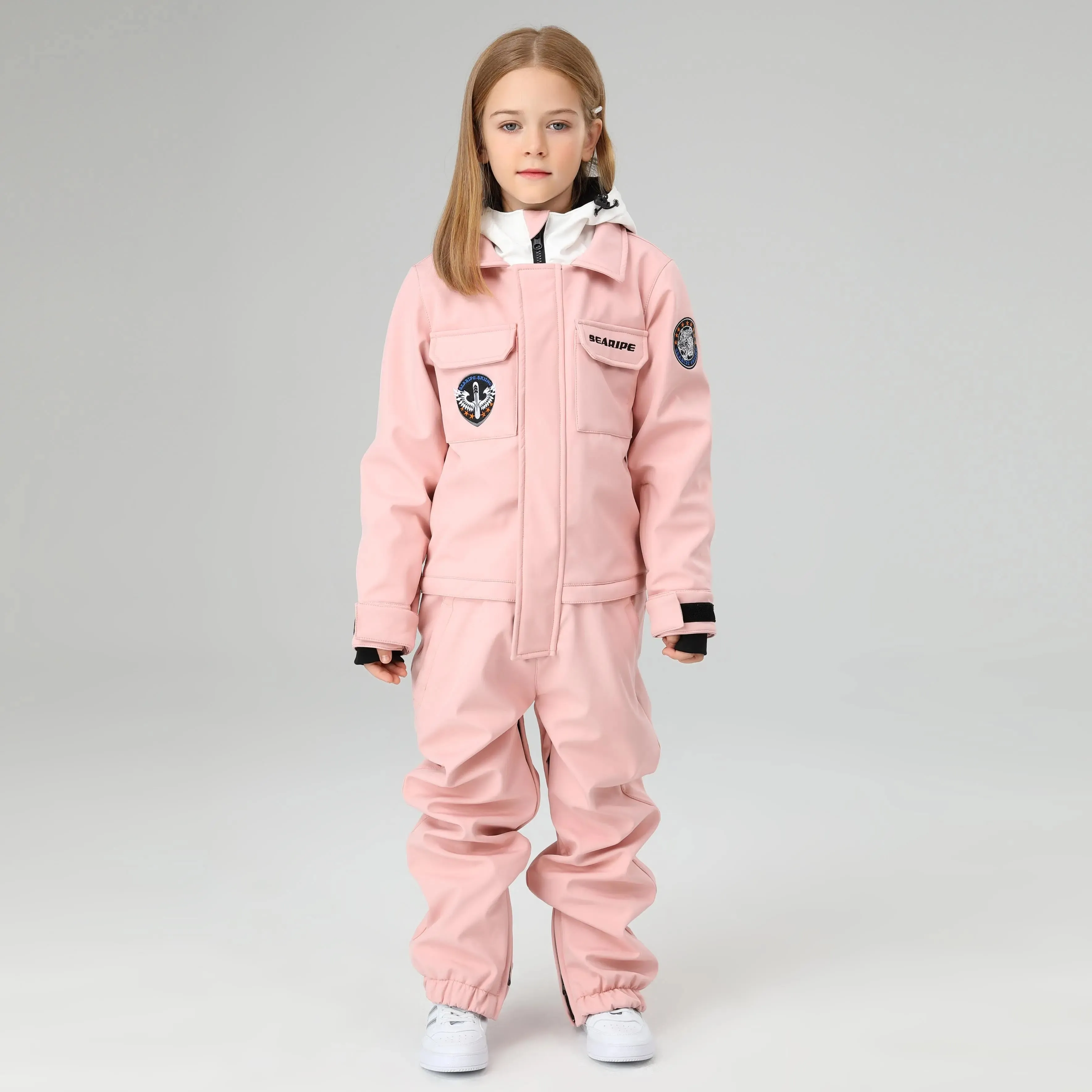 HOTIAN Girls Contrast Hooded Cargo One Piece Ski Jumpsuit With Side Zip