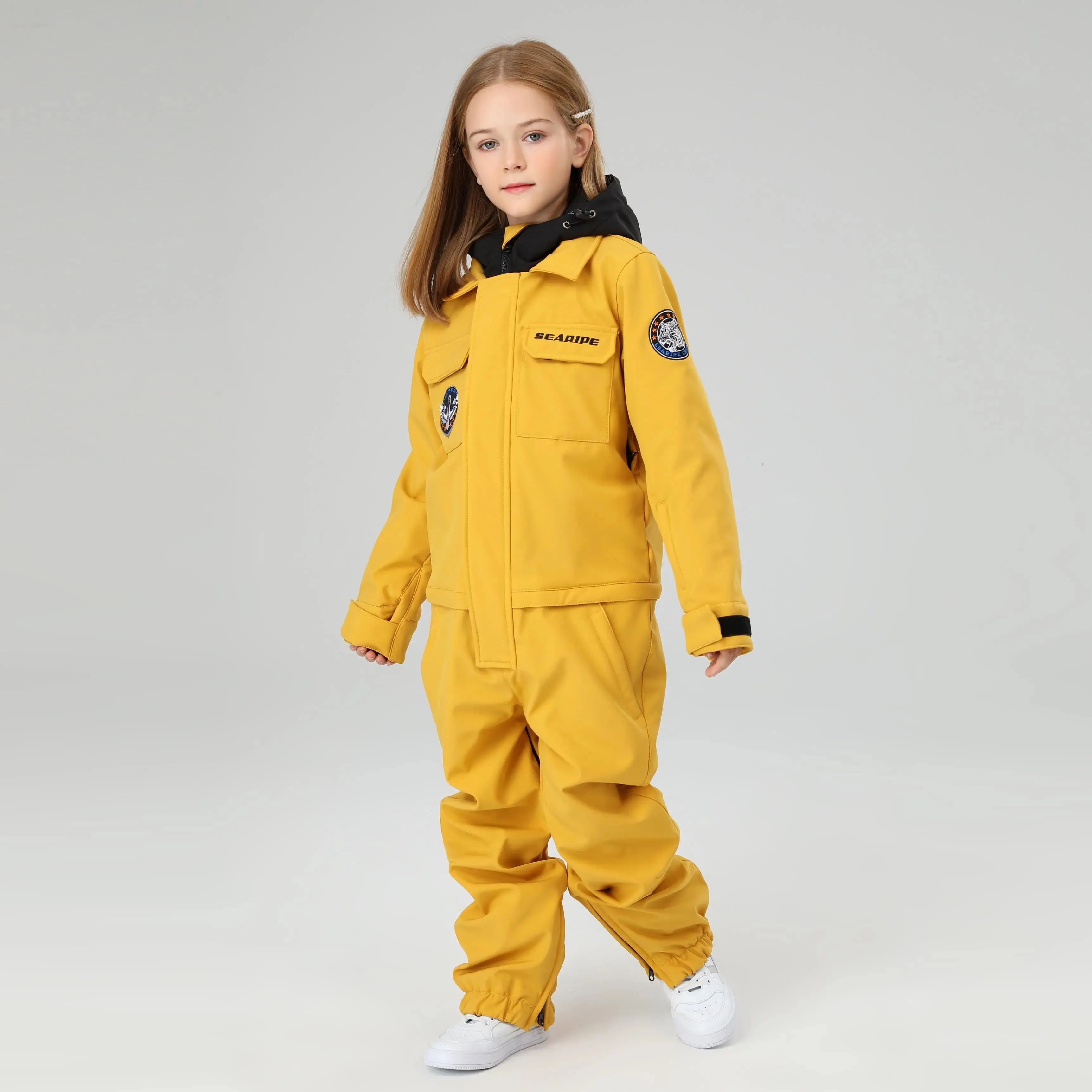 HOTIAN Girls Contrast Hooded Cargo One Piece Ski Jumpsuit With Side Zip