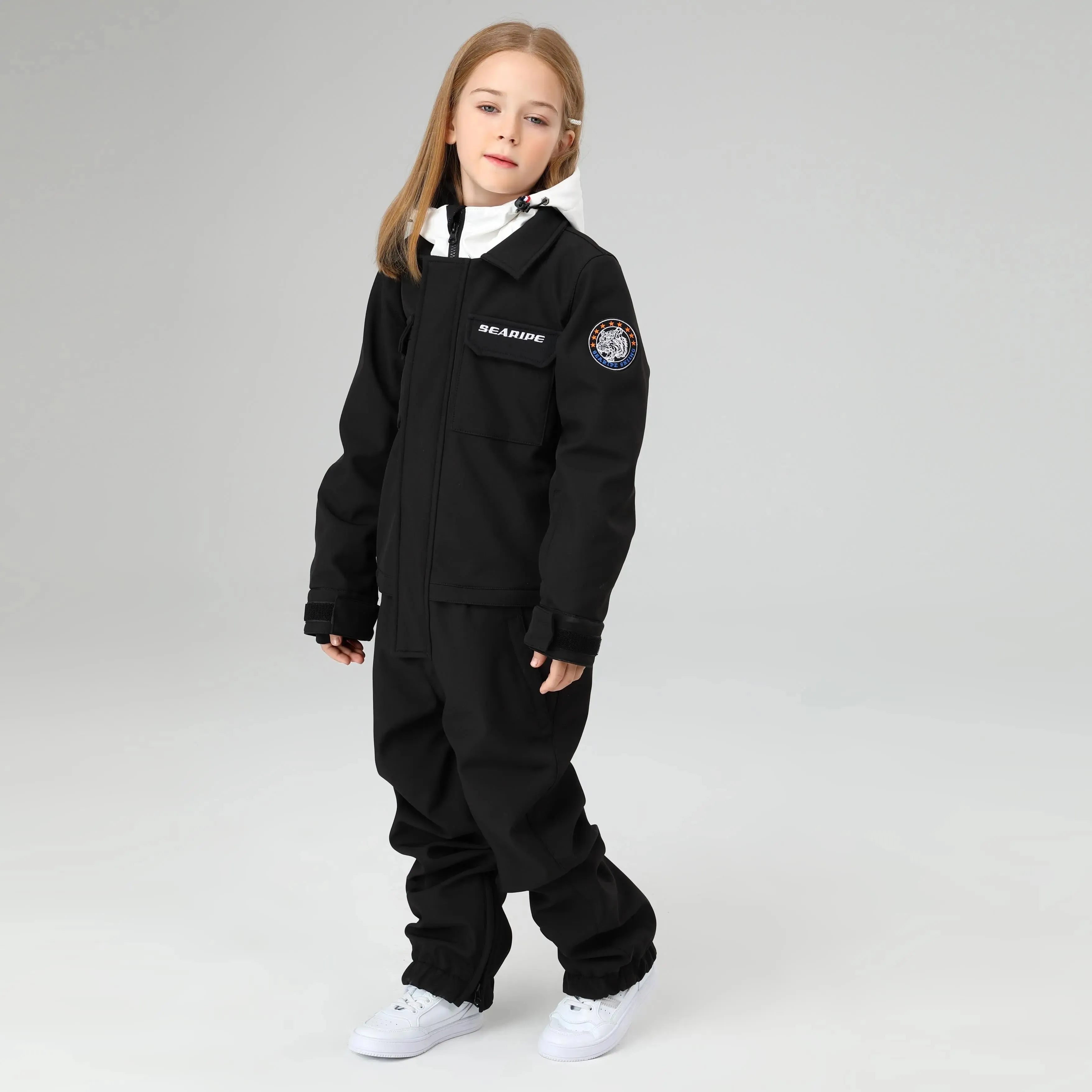 HOTIAN Girls Contrast Hooded Cargo One Piece Ski Jumpsuit With Side Zip