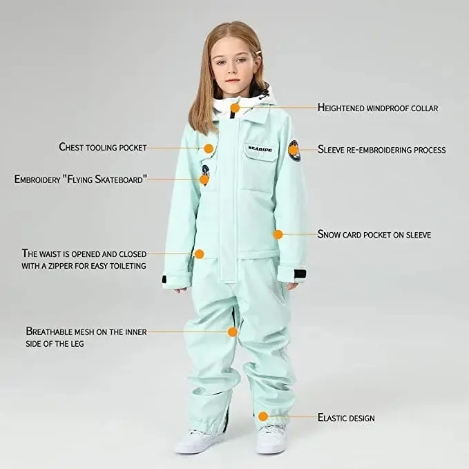 HOTIAN Girls Contrast Hooded Cargo One Piece Ski Jumpsuit With Side Zip