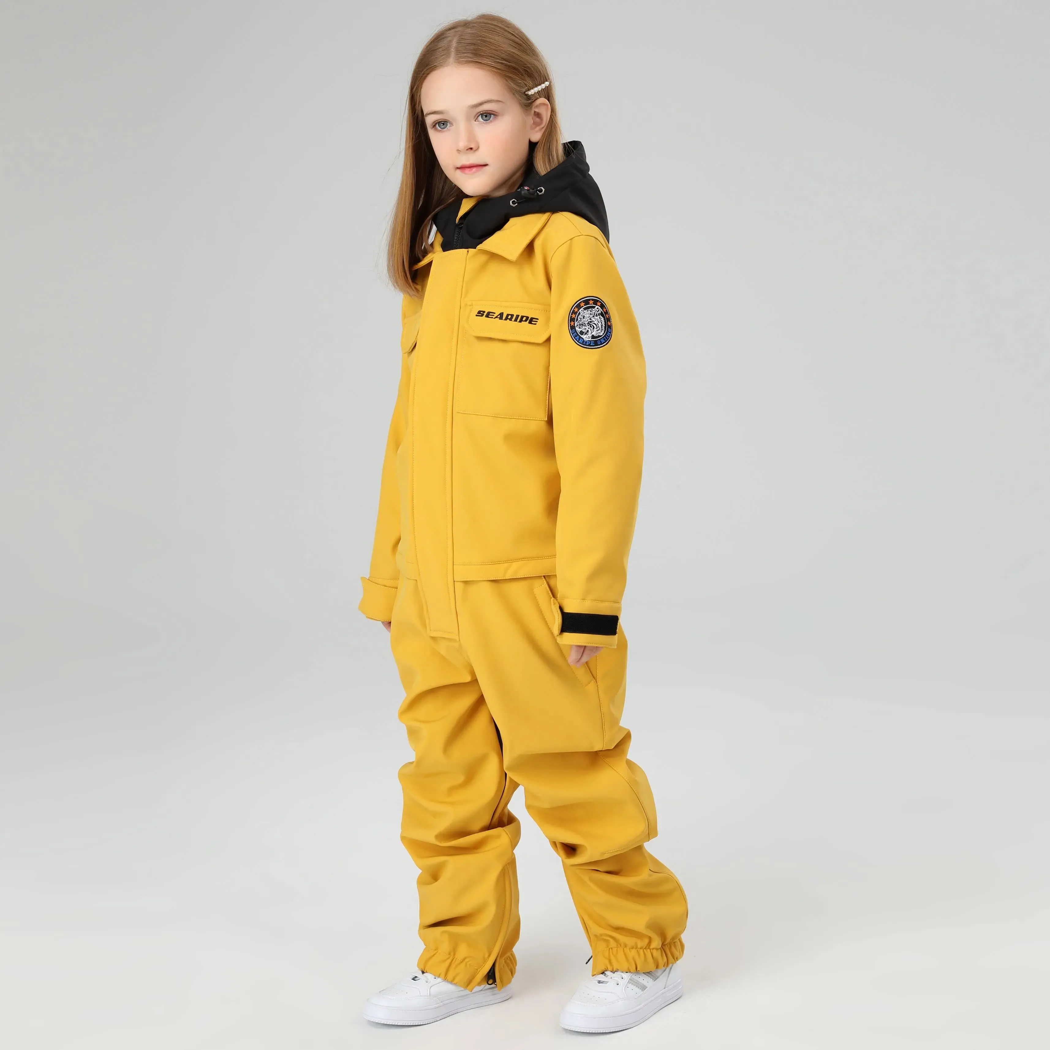 HOTIAN Girls Contrast Hooded Cargo One Piece Ski Jumpsuit With Side Zip