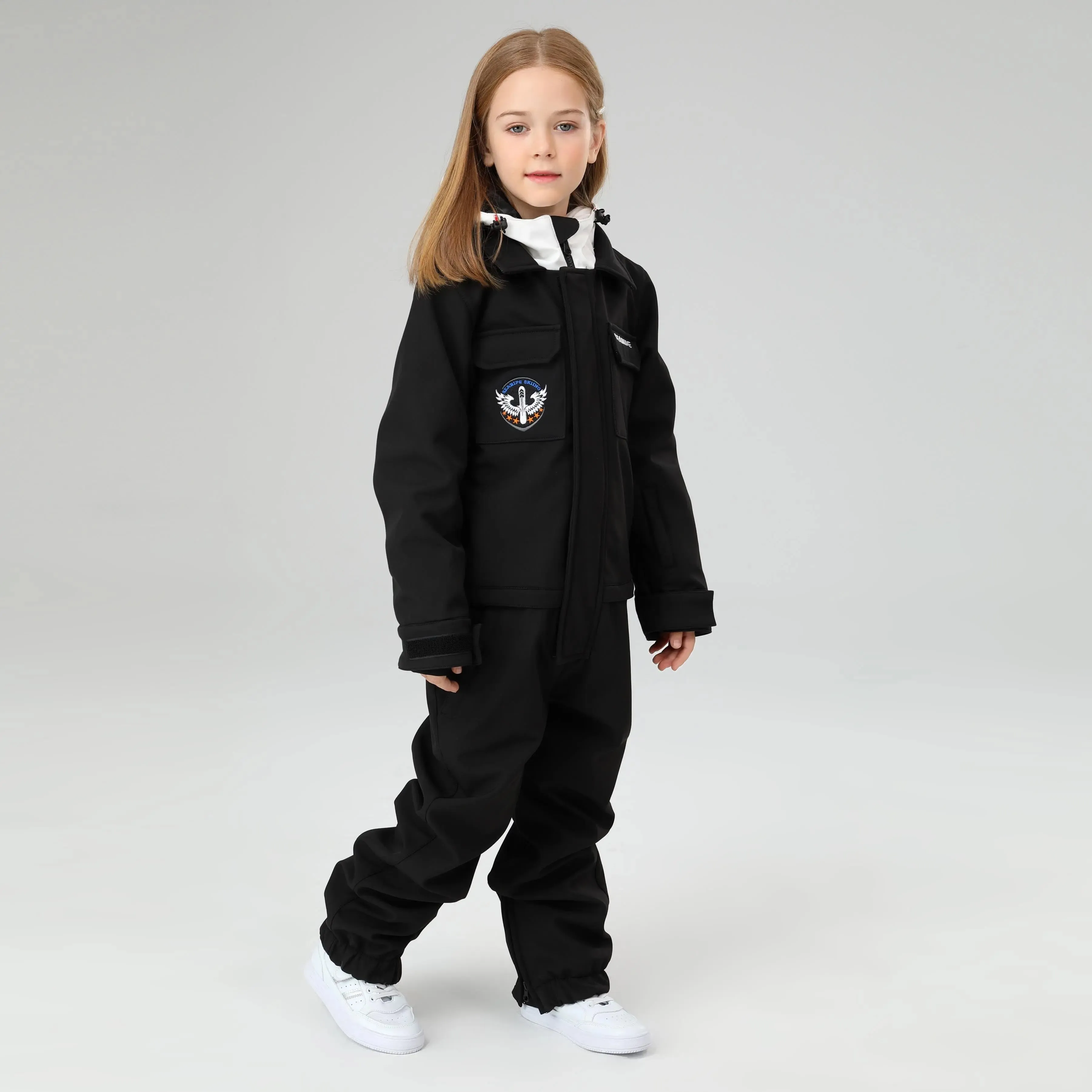 HOTIAN Girls Contrast Hooded Cargo One Piece Ski Jumpsuit With Side Zip