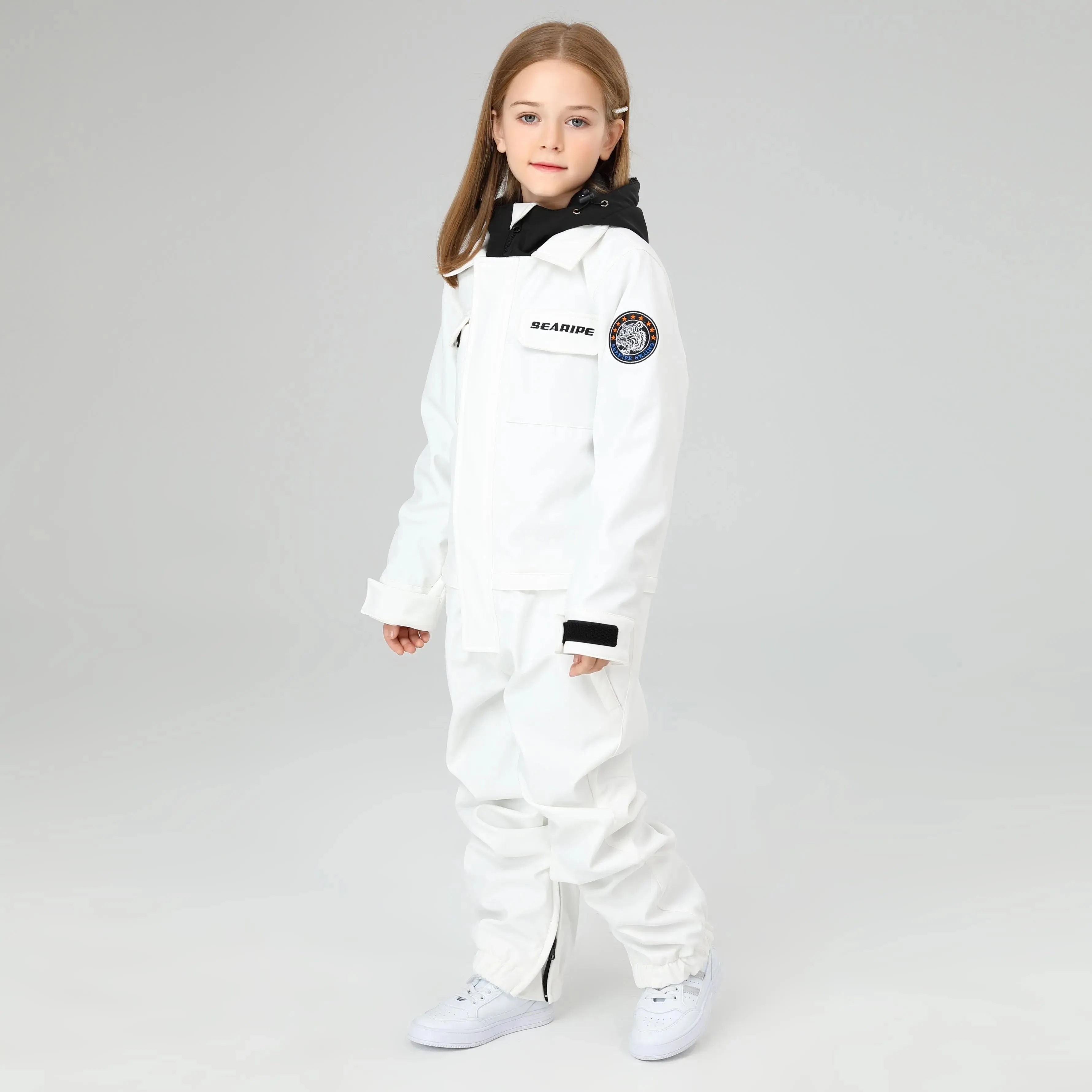 HOTIAN Girls Contrast Hooded Cargo One Piece Ski Jumpsuit With Side Zip