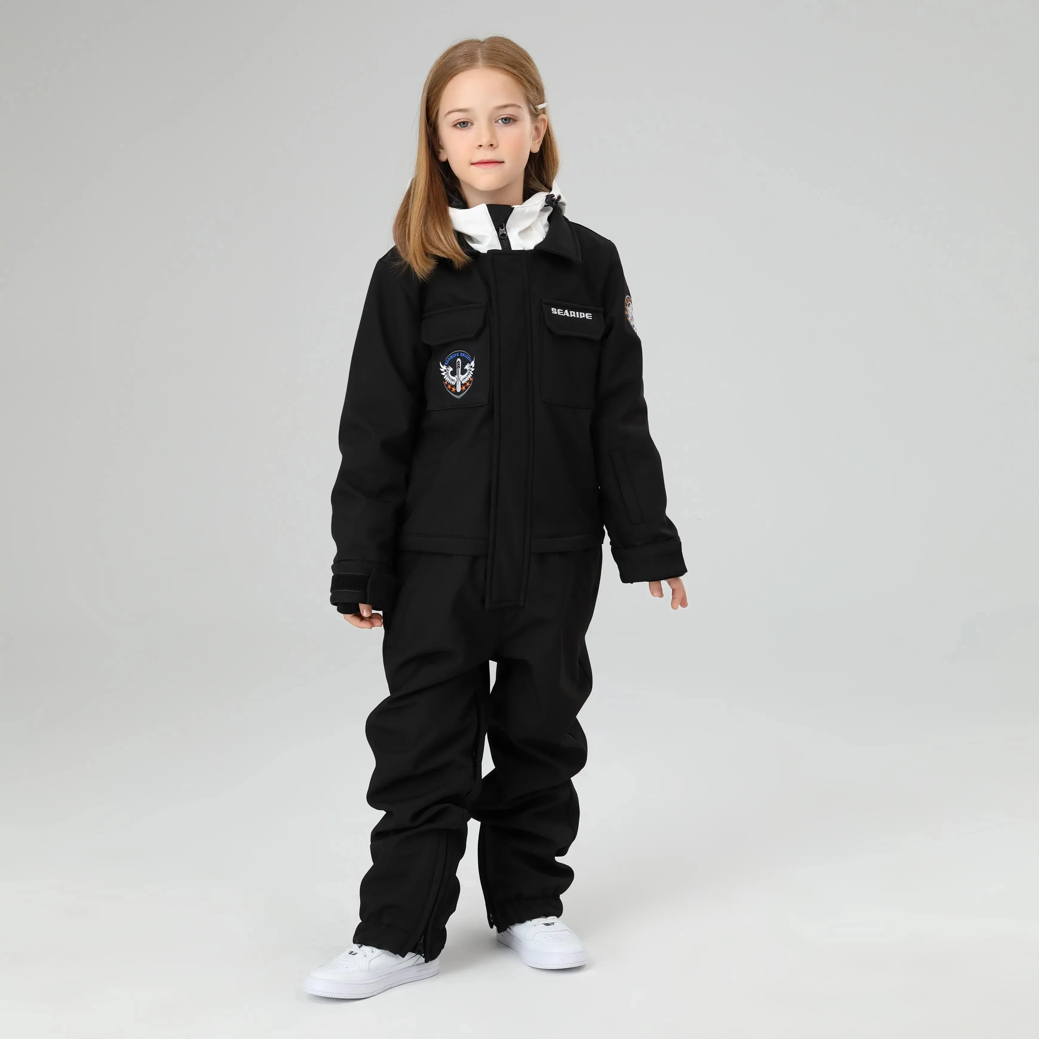 HOTIAN Girls Contrast Hooded Cargo One Piece Ski Jumpsuit With Side Zip