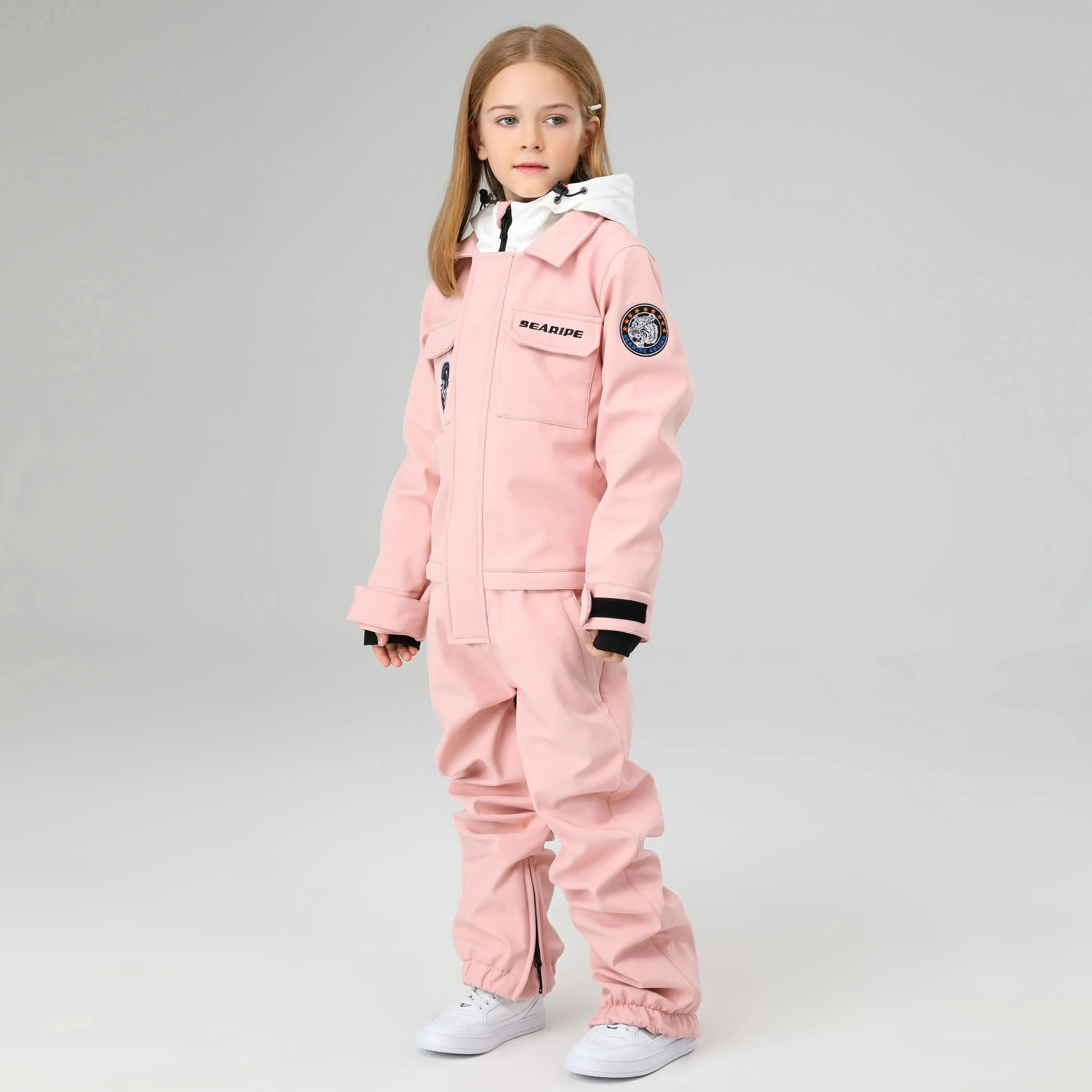HOTIAN Girls Contrast Hooded Cargo One Piece Ski Jumpsuit With Side Zip